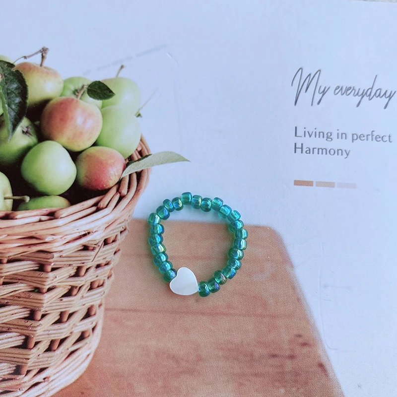 

2020 Fashion Glass Beaded Heart Rings Cute Minimalist Coloful Beads Geometric Stacked Fine Rings for Women Party Gift Jewelry