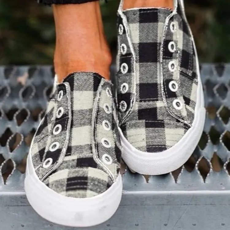 

Women's Canvas Plaid Flat Shoes Female Sneakers Casual Vulcanized Shoe Woman Fashion Slip On Platform Spring Ladies Footwear