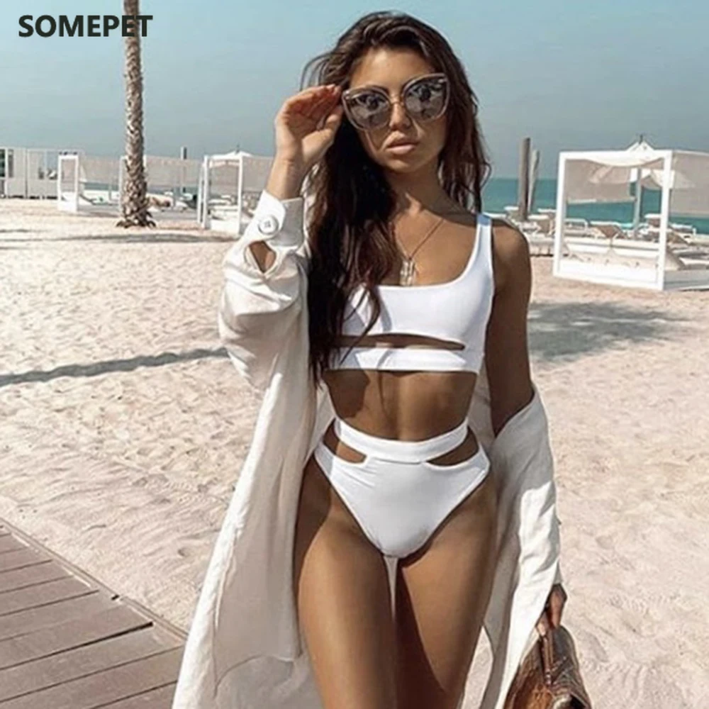 

Высококачественные белые бикини, бикини с высокой талией, лидер продаж, бюстгальтер с мягкими чашечками, Открытый Сексуальный купальник, же...