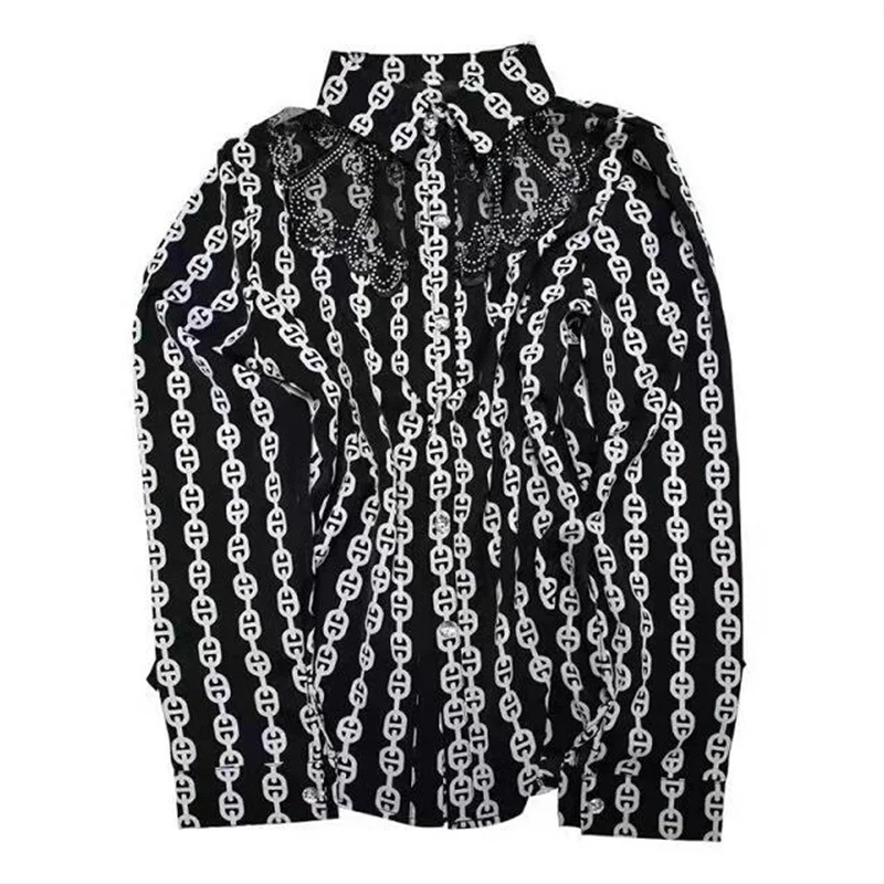 Женская шифоновая блузка кружевная на пуговицах с длинным рукавом отложным