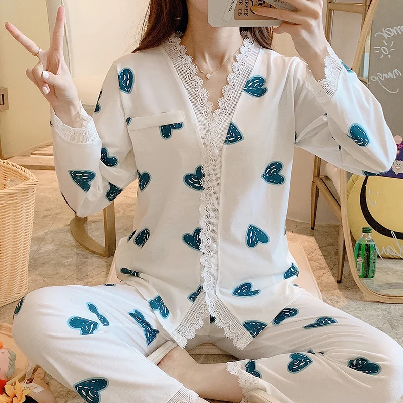 

Lace V-neck Pajamas Autumn Winter Women's Full Cotton Long Sleeve Pajamas Set Loose Adult Women Sleepwear Set Soft Pajama Set