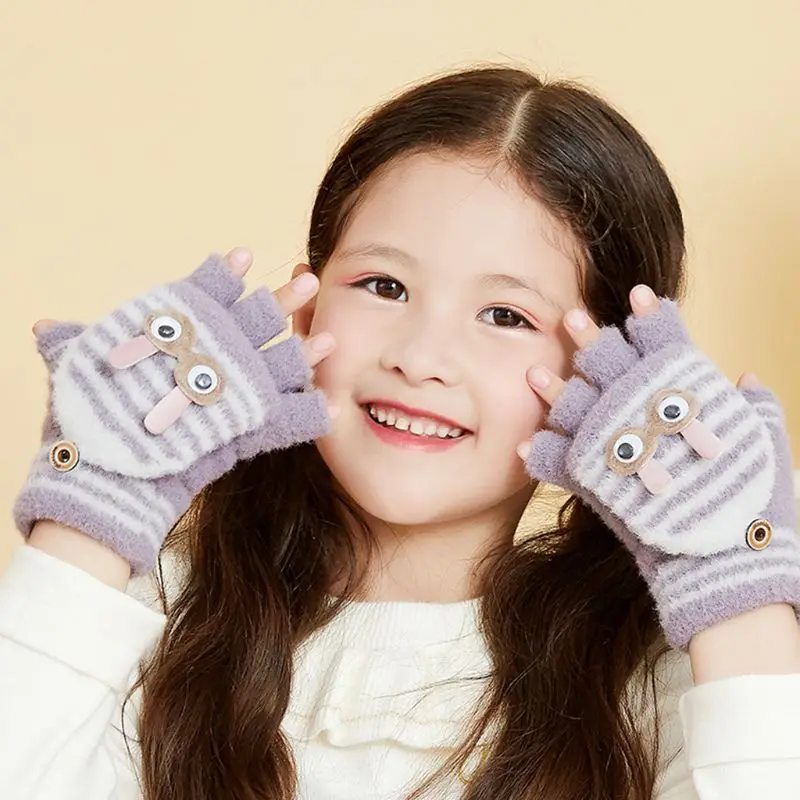 

Детские перчатки с откидной крышкой для малышей; зимние Полосатые варежки с принтом; перчатки в полоску с милым кроликом