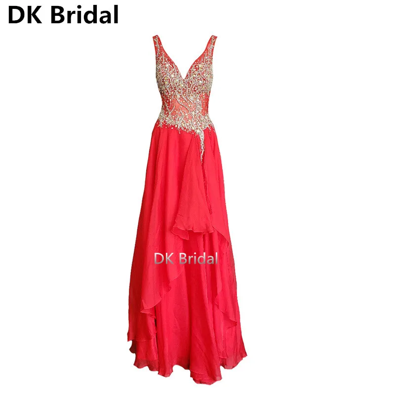 

Red Sexy Evening Dresses Long 2019 V-Neck Full Beaded Crystal Dress Formal Evening Gown Long Prom Party Gown Vestido de Fiesta