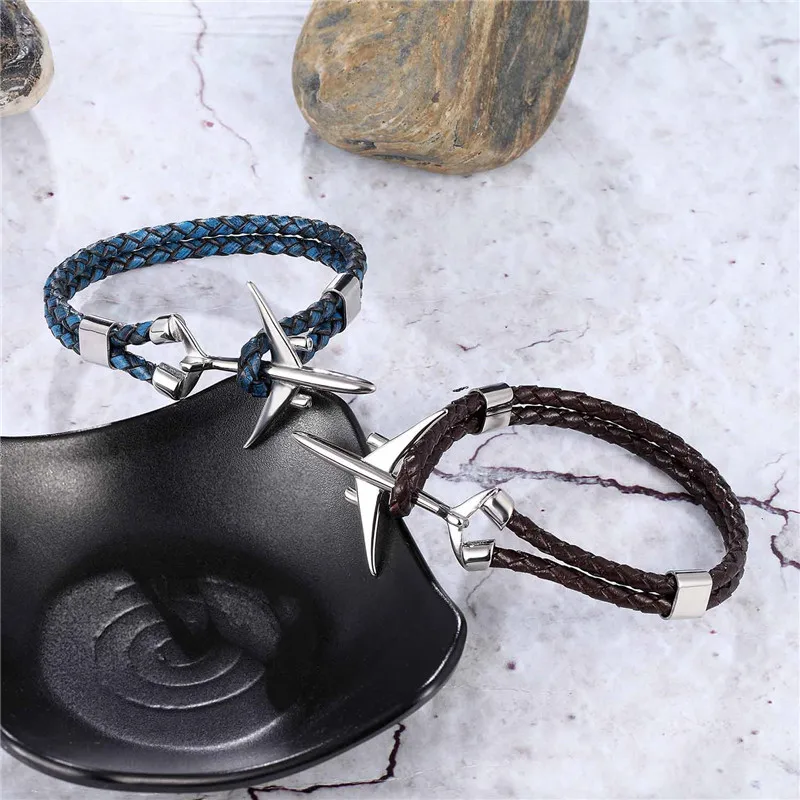 MKENDN Hot Sale Stainless Steel Airplane Anchor Bracelets Men Women Genuine Multilayer Leather Bracelet Freestyle Homme Jewelry