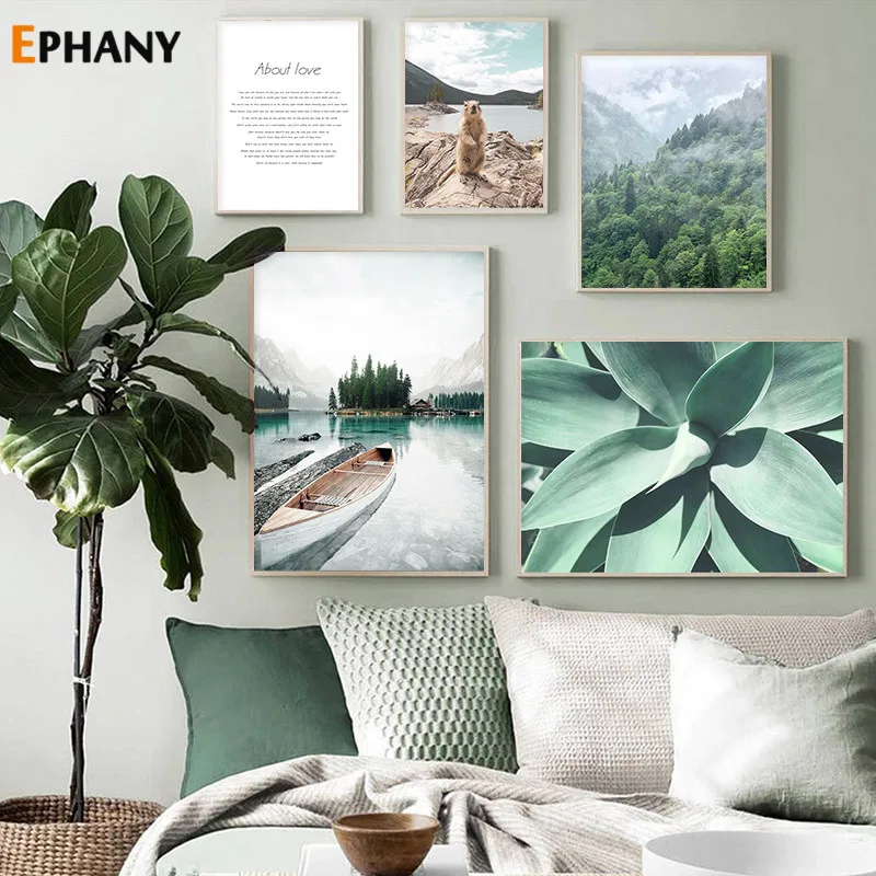 Северный горный лес природа пейзаж холст картина лодка озеро зеленый завод Бивер