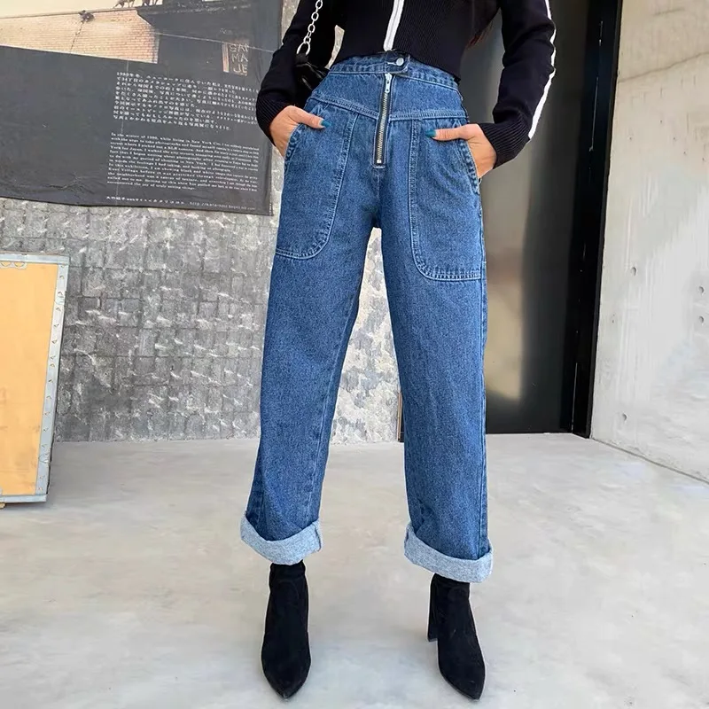 Весенние женские широкие брюки с высокой талией большими карманами дизайнерские