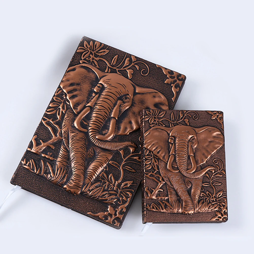 

Notepad Diary Vintage Gift Notebook PU Leather Stationery 3D Pocket Embossed Cover Eye Protect Elephant Lined-Blank Journal