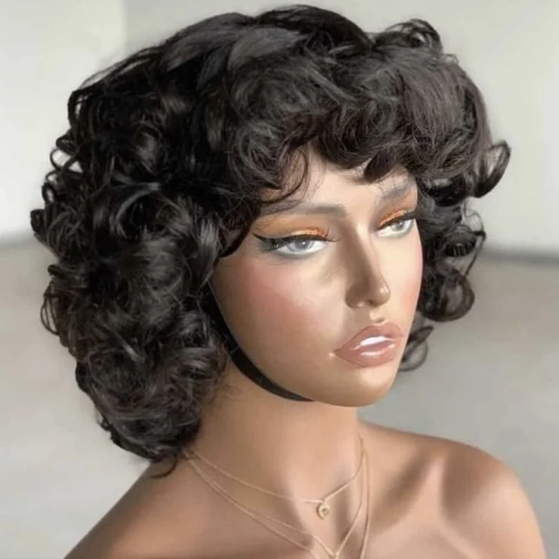 Funmi Bouncy Curly Wigs with Bangs Brazilian Human Hair Fashion Wave Scalp Top Machine Wigs For Women 10inch 250 Density