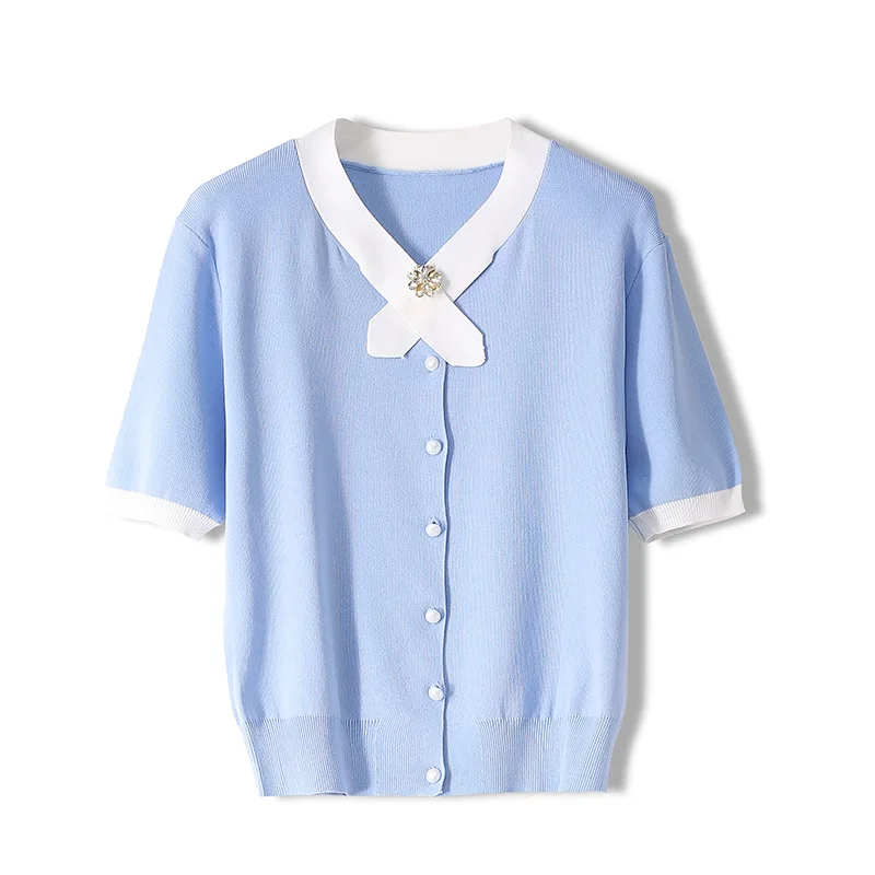 

Women's Cardigan High Quality Spring Knitted Cotton Sweater Girl Short Sleeve Color Matching Open Stitch Lady Office Sweaters