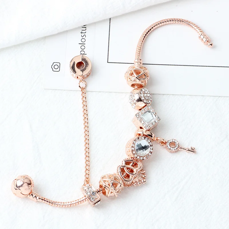 

Rose Gold Snake Chain Women Bracelet Crystal Key Bracelet DIY Charms Jewellery