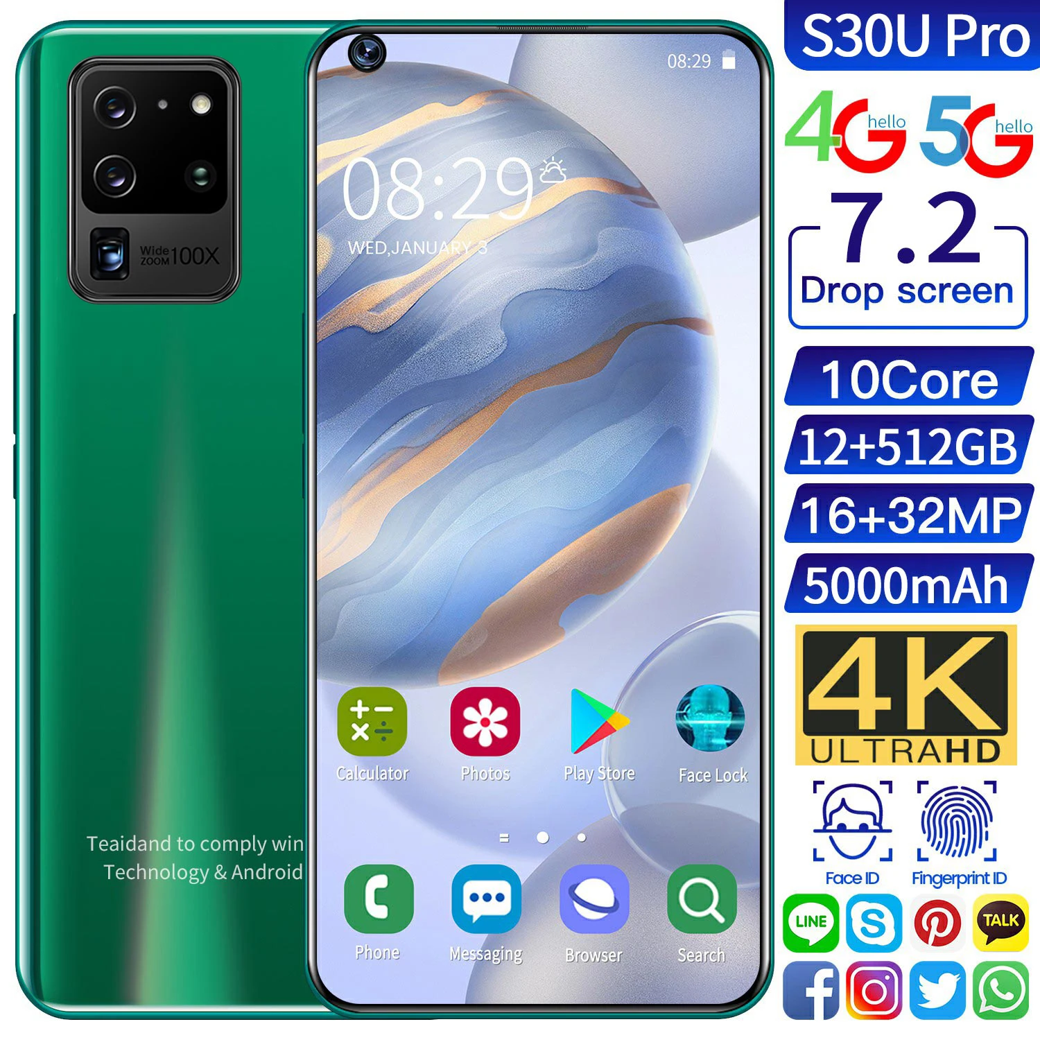 

Galay S30 Ultra 7.2 Inch Telefon 4G 5G Octa Core Andorid 10.0 Smartphones 12GB RAM 512GB ROM Mobile Phones Global Version