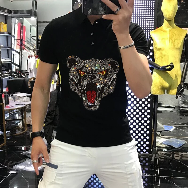 

Мужская футболка-поло из чистого хлопка, из высококачественной дышащей ткани, блестящие топы с бриллиантами и коричневым медведем, летняя Т...