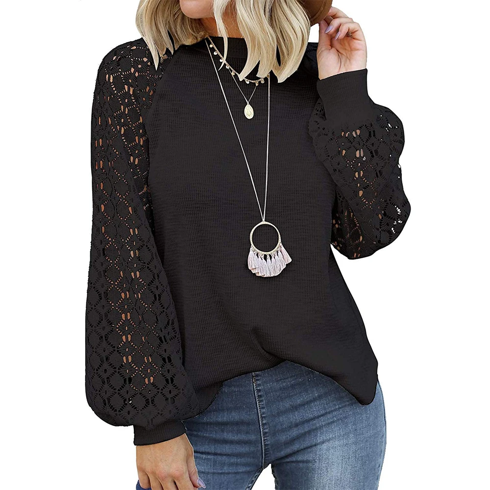 

Autumn Elegant Women Lace Lantern Long Sleeve Pullover Hollow Out Casual Loose Top Waffle Knit Crew Neck Trendy Retro Shirt