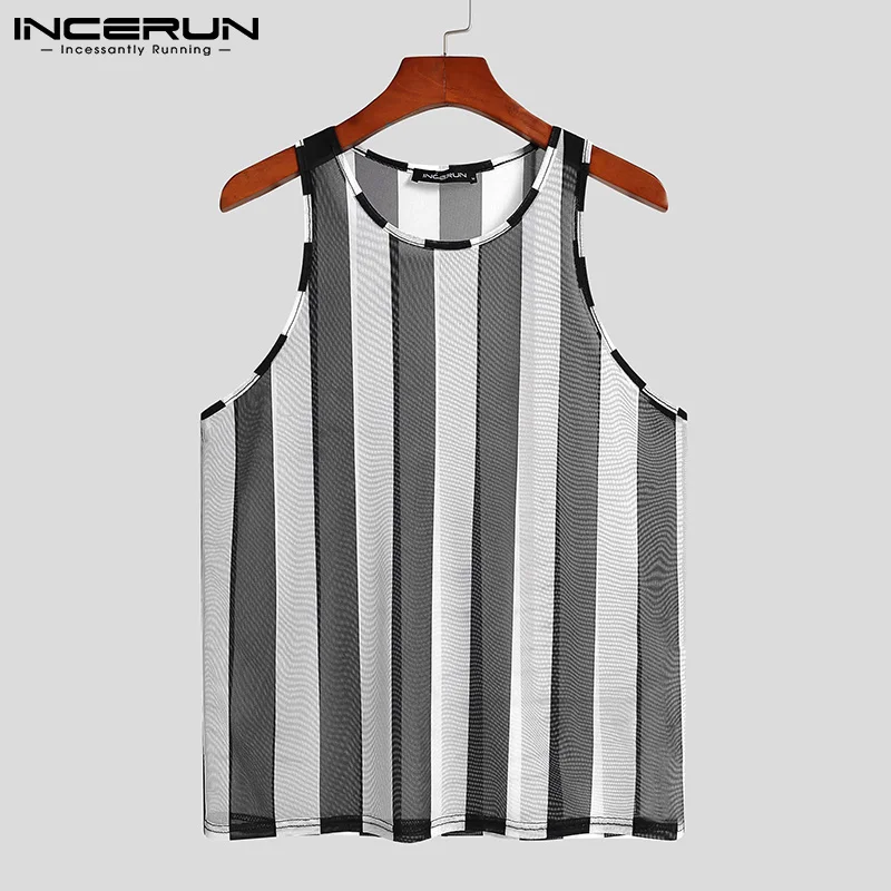 INCERUN Men Mesh Tank Tops Striped Transparent Sexy Vests O Neck Sleeveless Streetwear 2022 Breathable Summer Casual Tops S-5XL