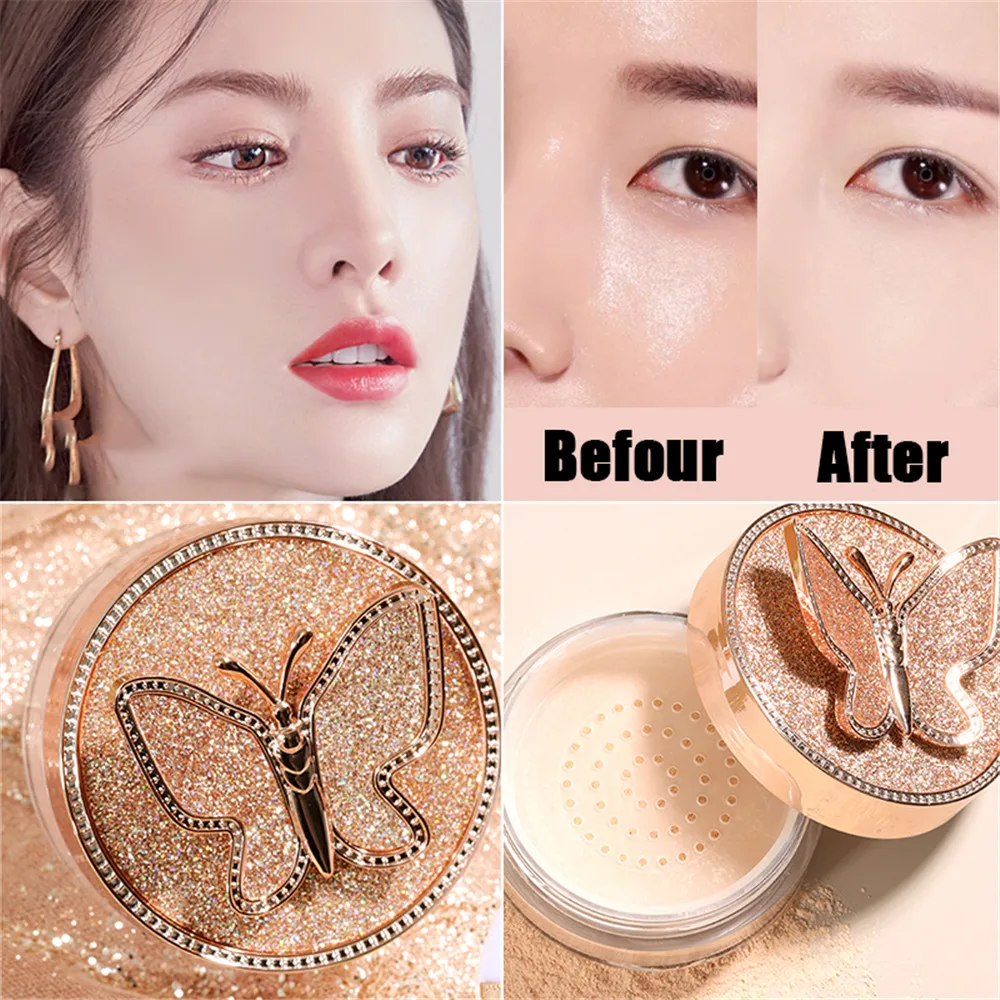 Butterfly Face Loose Powder Makeup Natural Finishing Waterproof Korea Cosmetic For Finish Setting With Puff |