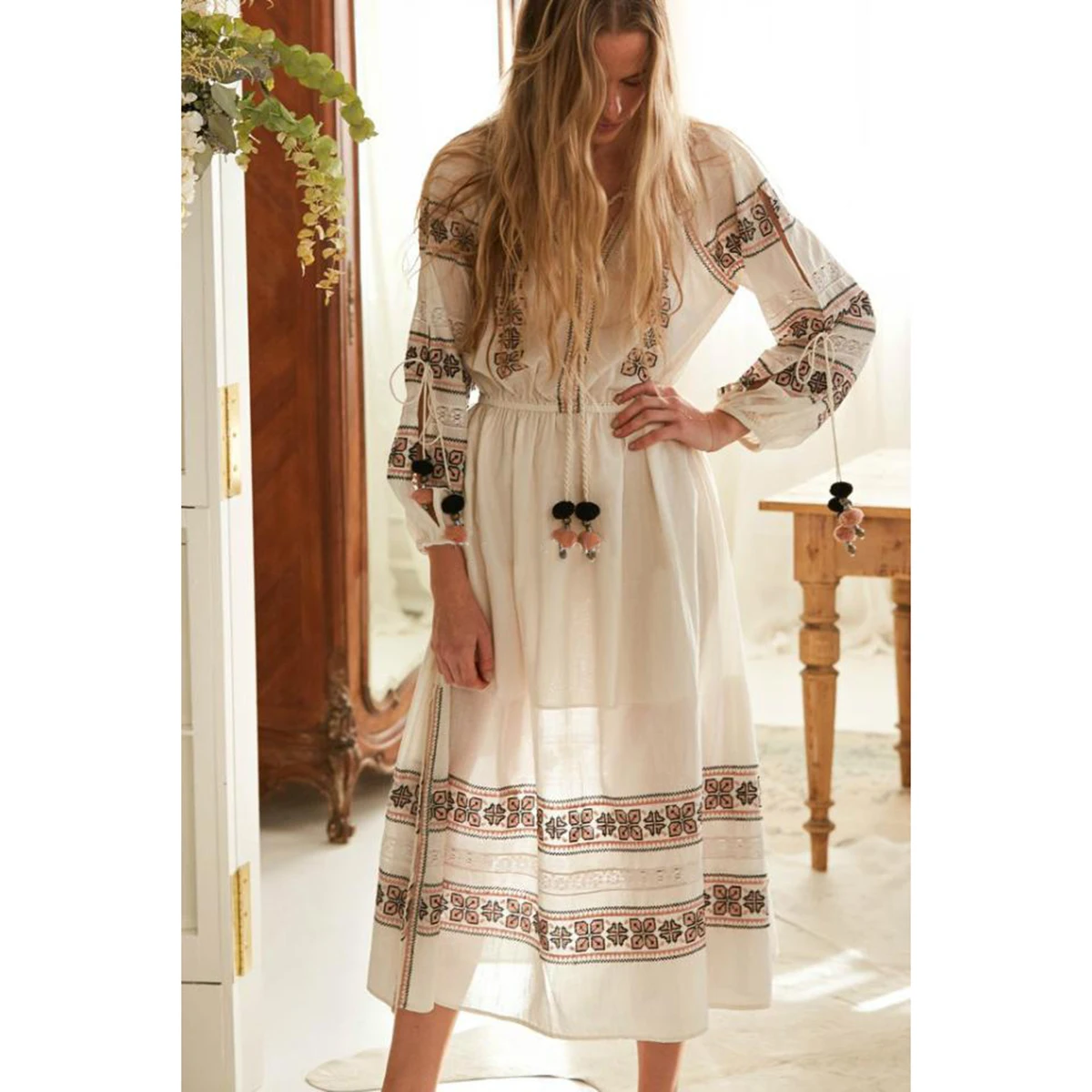 

Enthic Embroidered Long Dress Elegant Women Autumn Long Sleeve V Neck Bohemian Dresses Female Casual Boho Beach Hippie Vestidos