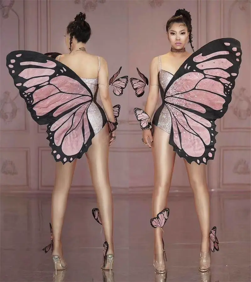 

2021 Sexy Butterfly Wings Diamond Bodysuit Overalls For Women Nightclub Outfit Performance Female Stage Show Party Dance Wear