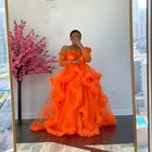 Ярко-оранжевый для выпускного для маленьких девочек Пышное с длинным рукавом размера плюс вечернее платье с фатиновой юбкой Пышное Платье с открытыми плечами с оборками вечерние платья в африканском стиле