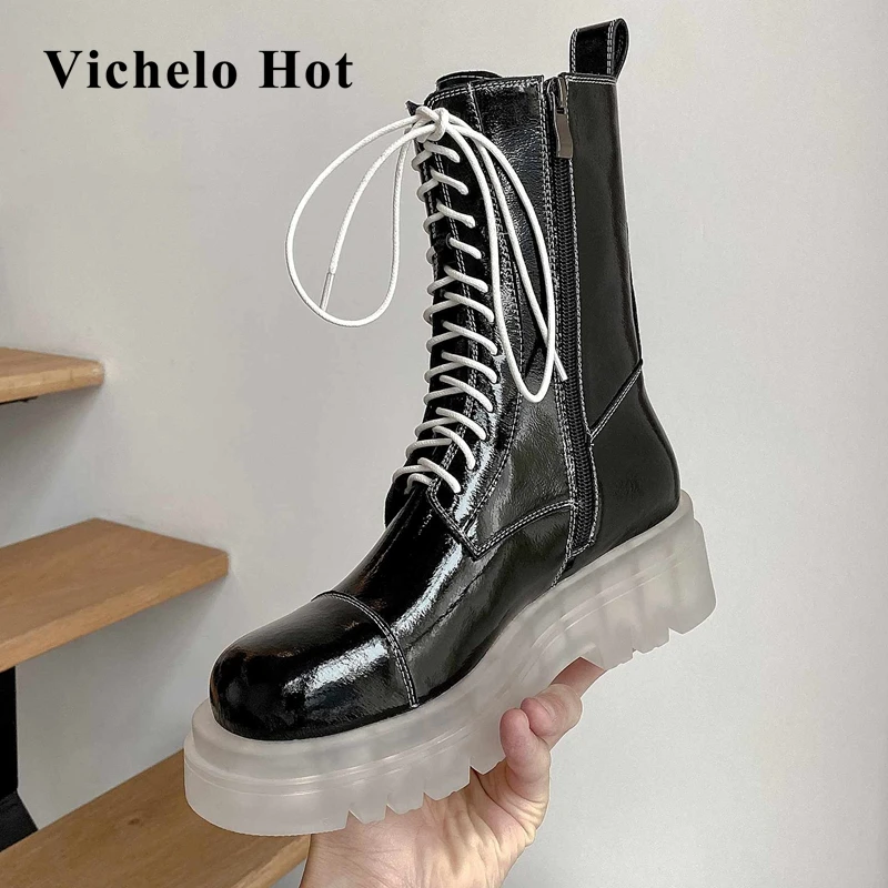 

Vichelo Hot european style high quality handmade round toe med heel zipper young lady daily wear keep warm mid-calf boots L91