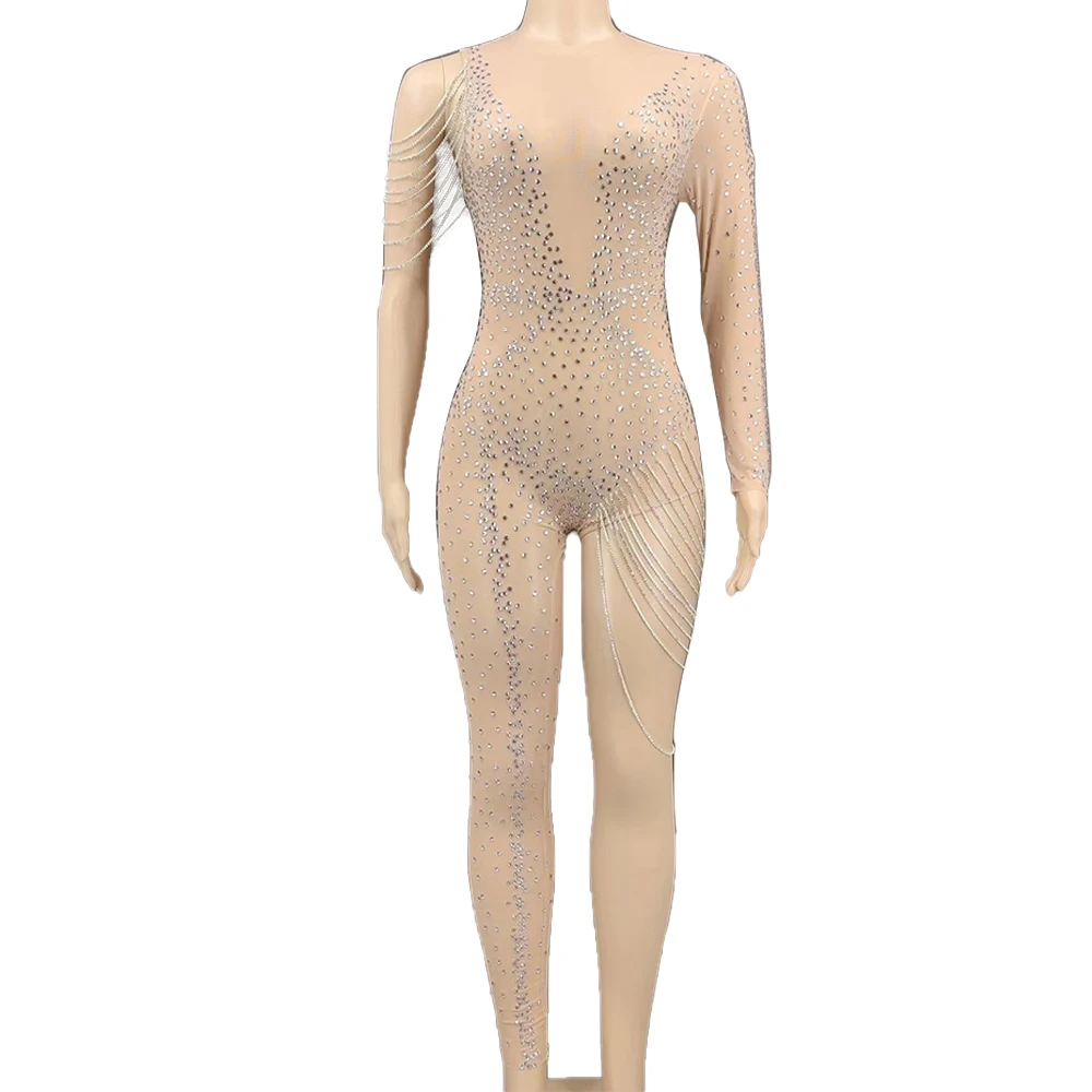 Sexy Mesh Perspective Rhinestone Jumpsuit Women Nightclub Crystal Party Rompers See Through One Sleeve Chains Dancer Bodysuit