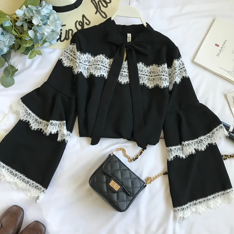 Осенняя и зимняя кружевная Повседневная рубашка с длинными расклешенными