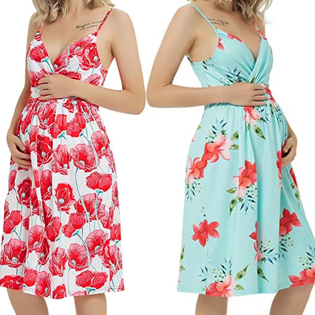 

Sexy V Neck Women Flower Printed Dress 2021 Cotton Strapless Dresses For Pregnant Women Breastfeeding Lactation Party Vestidos