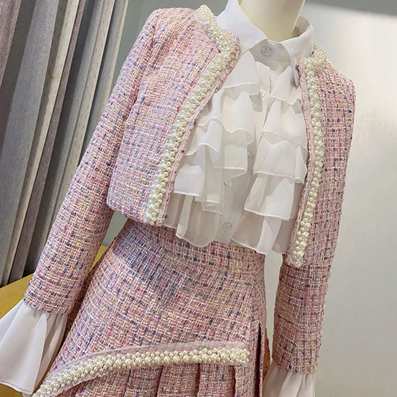 

2020 New Autumn Elegant Tweed Three-piece Beaded Women's Set Cardigan Jacket & Ruffled Shirt & A-line Skirt Party Set TZ609