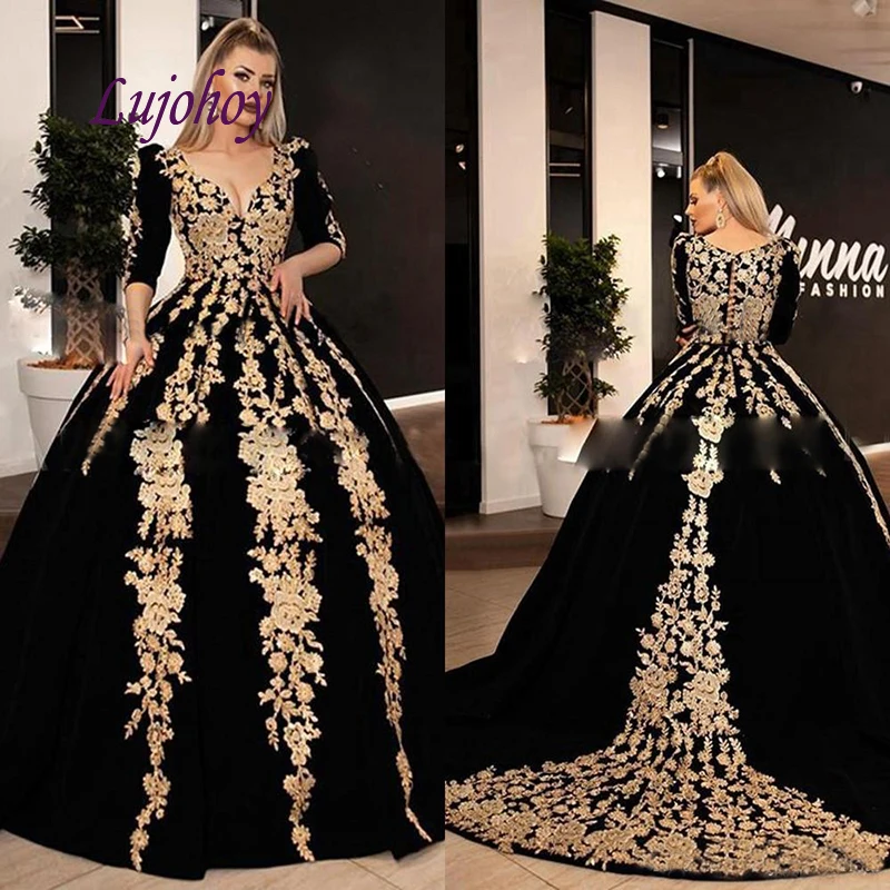 Черное кружевное платье Quinceanera с длинным рукавом бальное милое для выпускного