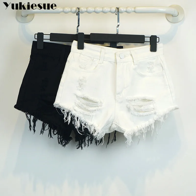 Шорты женские рваные из денима винтажные с завышенной талией и эластичным поясом