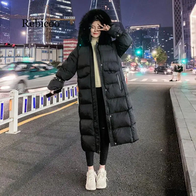 

New Warm Thicken Winter Coatjacket Women Fur Collar Hooded Down Jacket Cotton Padded Long Snow Wear Parka Women