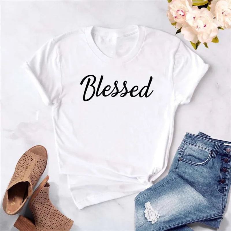 

Blessed Letters Print Women Tshirt Hipster Casual Short Sleeve Tops Black White Blessed T-shirt Female Clothes