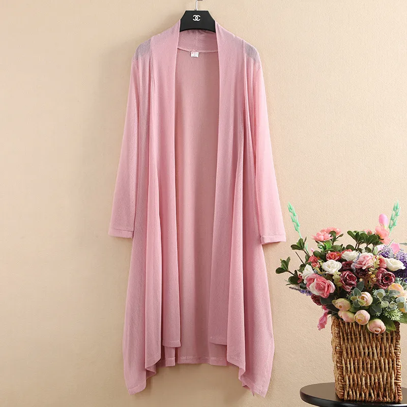 

Spring Women Thin Midi Long Cardigan Jacket Casual Linen Ice Silk Knitted Cardigan Female Long Sleeve Sweater Coat Tops AB1816