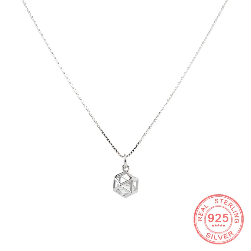 

925 Sterling Silver Geometric Pendant Necklace for Women Clavicle Box Chain Simple Rhinestone Choker Fashion Collar Fine Jewelry