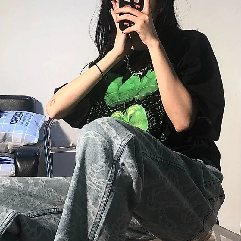 

Summer Japanese college Tshirt love woman clothes printed t-shirt short-sleeved O neck casual vintage loose Harajuku cotton top