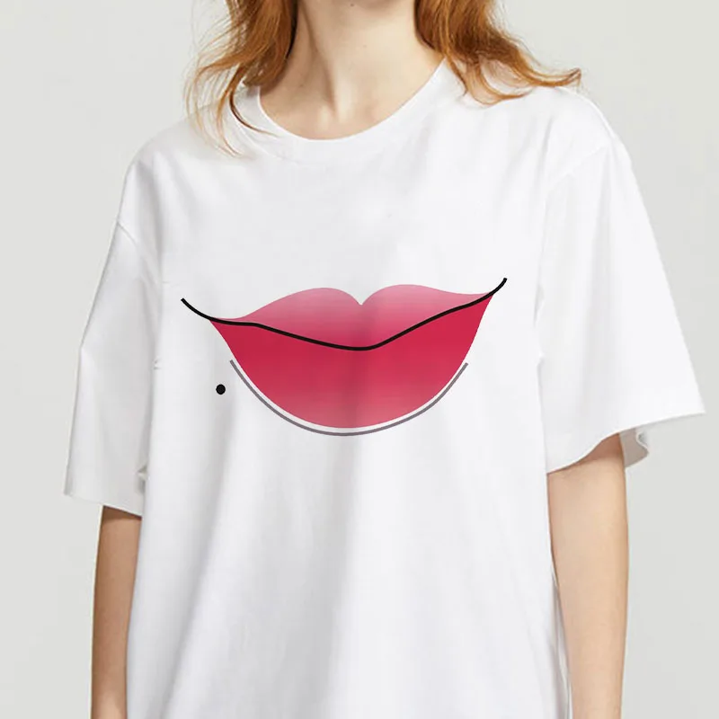 

Red lips love printing T-shirt basic O-neck short-sleeved ladies white T-shirt Women's T-shirt kawaii graphic girl T-shirt