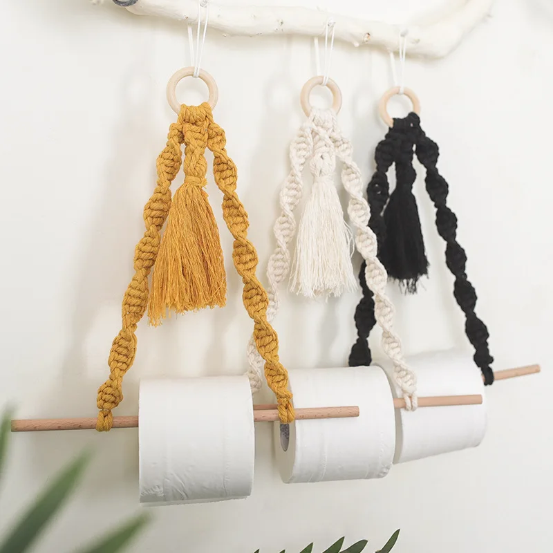 

Nordic Wind Simple Wooden Toilet Paper Towel Rack Pure Handmade Cotton Rope Woven Paper Towel Roll Household Items