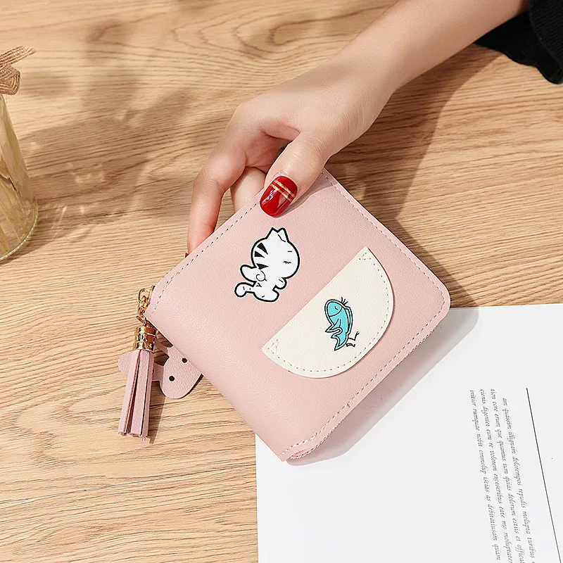Милые маленькие кошельки с кисточками и котом рыбой для женщин 2019 мини кошелек на