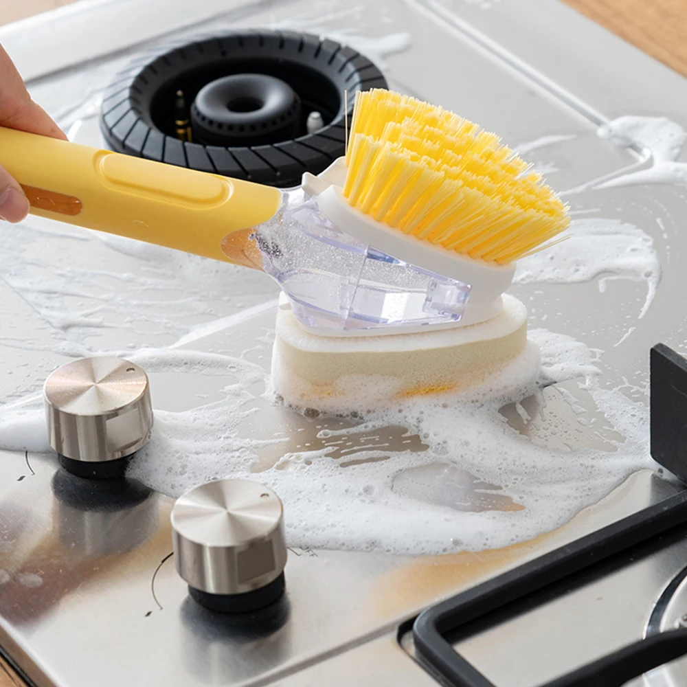 

Double-Sided Multi-Function Kitchen Cleaning Bursh Press Detergent Distributor Long Handle Kitchen Wash Pot Cleaning Brush