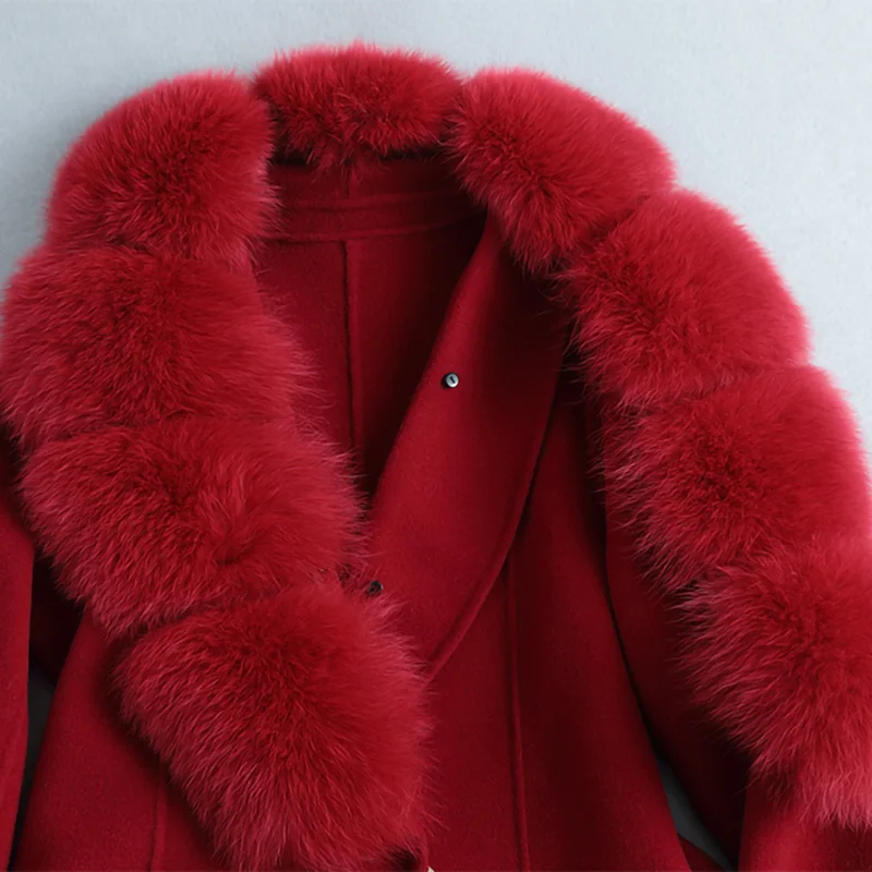 Winter Autumn Women's Classic Double-Faced Wool Coat Real Fox Fur Collar Cuff Woolen Female Jacket Belt S3664 | Женская одежда
