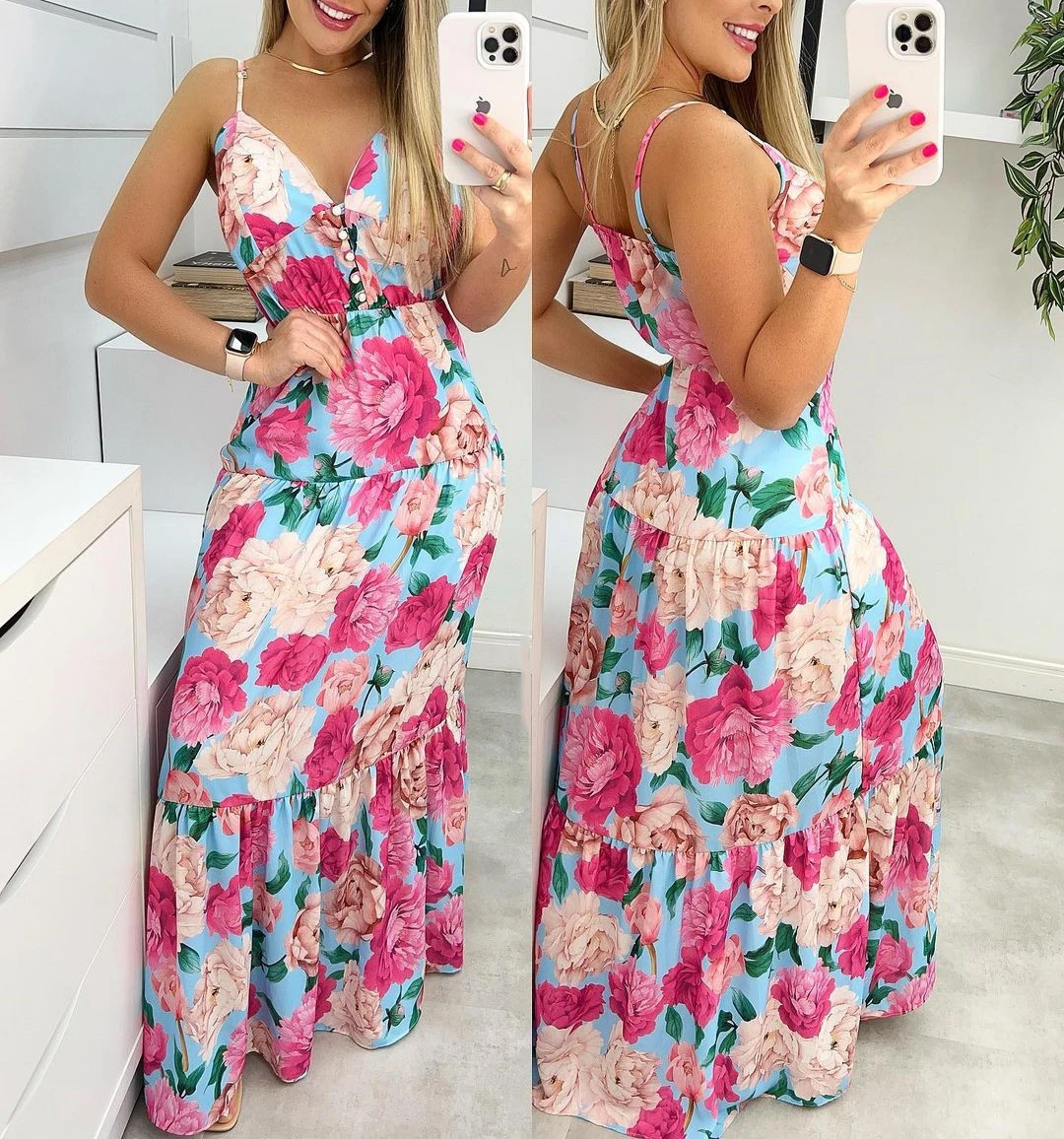 

2022 Fashion Flower Print Dress Women Summer Sexy V-neck Sling Pleated Big Swing Dress Ladies Beach Long Dresses vestido feminin