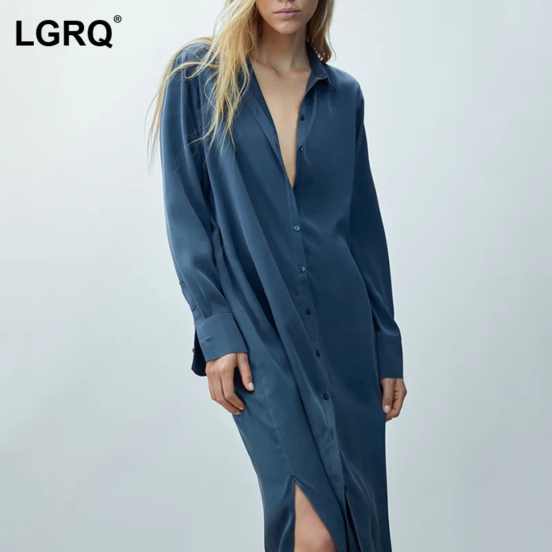

[LGRQ] Split Elegant Women's Dress New Turn Down Neck Long Sleeve Loose Fit Tread Fashion Tide Spring Autumn 2021 19D4841