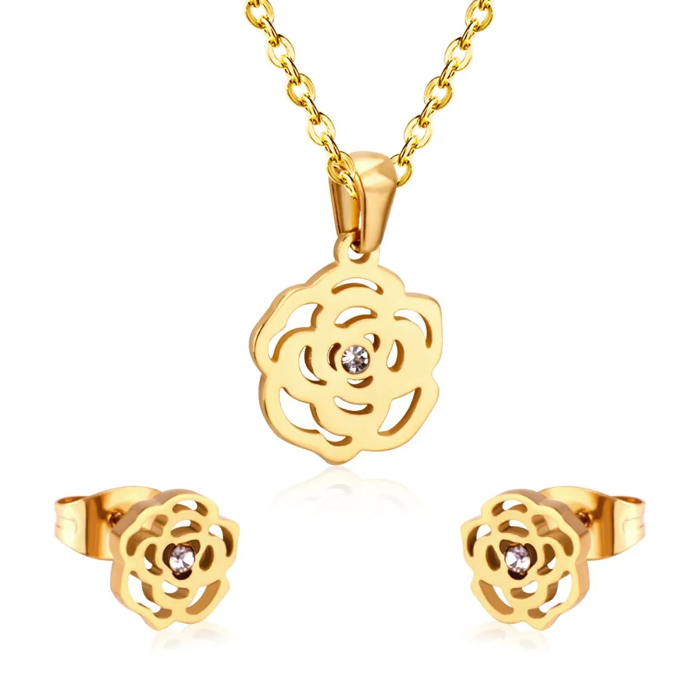 ASONSTEEL Bridal Jewelry Sets Stainless Steel Gold/Silver Color Romantic Flower Shape Pendants Charm Chain Necklace Earring Sets
