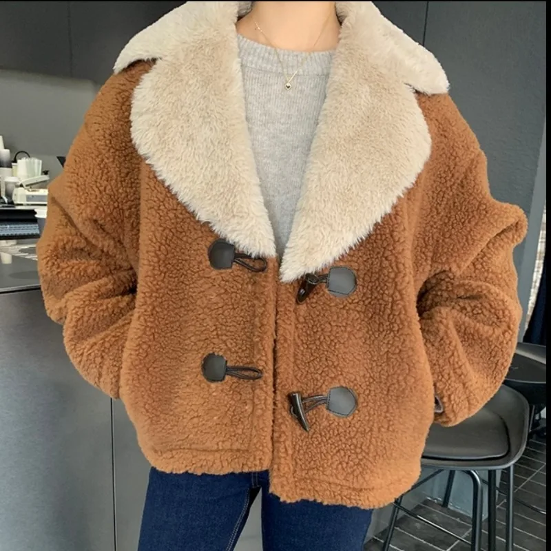 

Women's Coats Winter Retro Faux Lamb Wool Stitching Color Patchwork Lapel Horn Button Warm Thick Short Korea Chic Loose 2022 New
