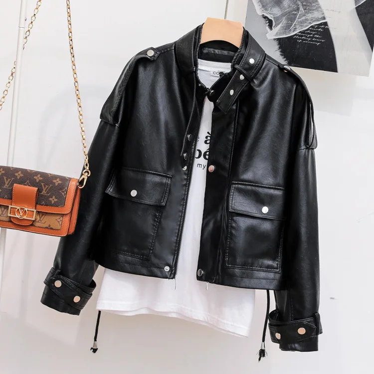 

Bandage Drawstring Women Long Sleeve Stand Collar Leather Jacket Coat Loose Motorcycle Leather Lady Spring Autumn Coat Leather
