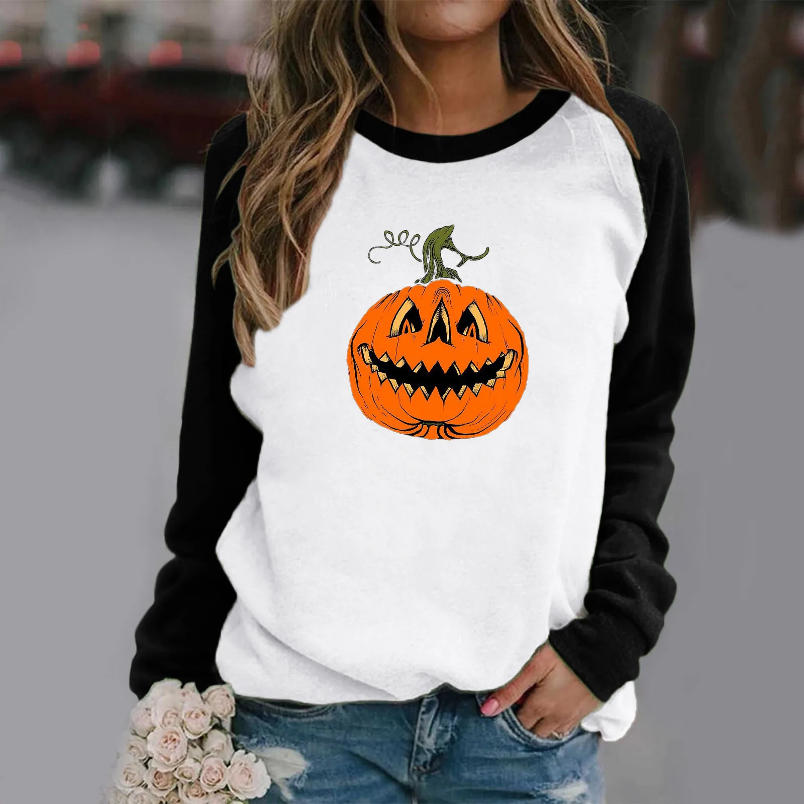 

Women's Pumpkin Print Sweatshirt Halloween O-neck Long-sleeved Sweatshirt Casual Autumn And Winter Pullover Sudaderas Para Mujer