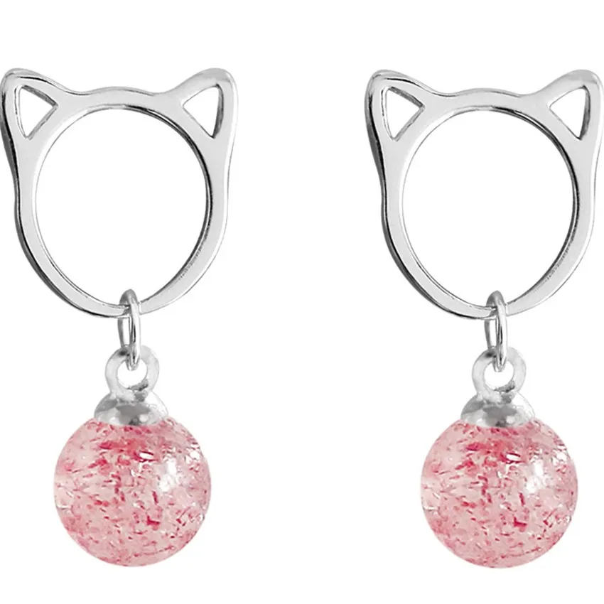 

Silver Plated Lovely Cat with Strawberry Crystal Round Beads Stud Earrings for Women Jewelry