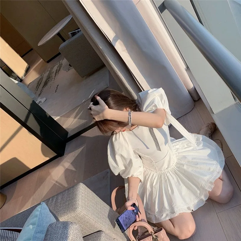Женское винтажное платье мини с пышными рукавами Летнее белое в Корейском стиле