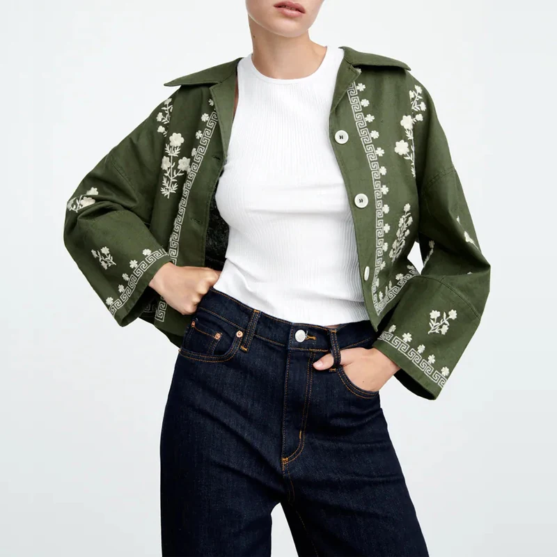 

Za Women 2021 Floral Green Top Woman Emeroidered Crop Top Female Vintage Long Sleeve Blouse Collared Button Up Shirt