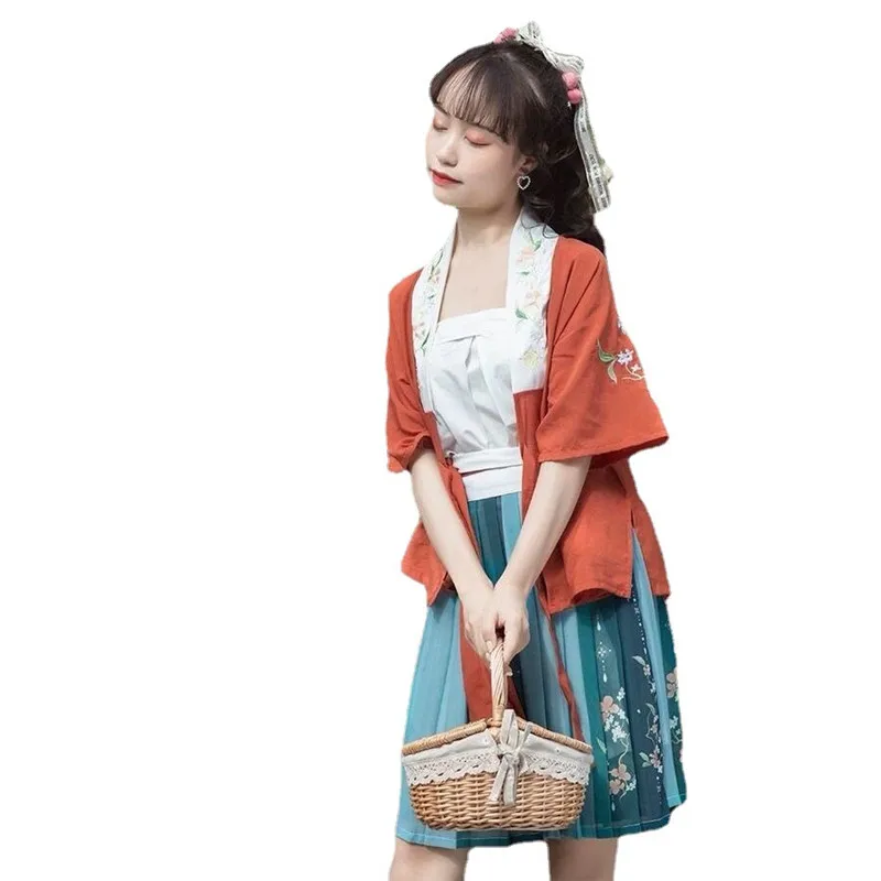 

3Pcs Hanfu Women Top and Skirts Chinese Style Spring Half Sleeve Cotton Tops and Up To Knee Chiffon Skirt Party Dress Streetwear