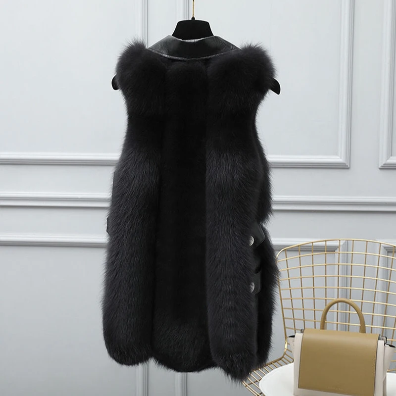 

HSTAR 2020 New Fashion Faux Fox Fur Vest For Women With Sheepskin Leather Natural Wholeskin High Quality Waistcoat Customize